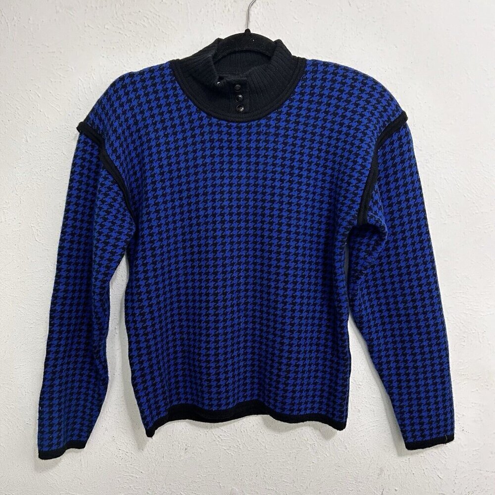 Morgan Taylor VTG 80s Houndstooth‎ Sweater 100% Wool Size M Blue Black Mockneck